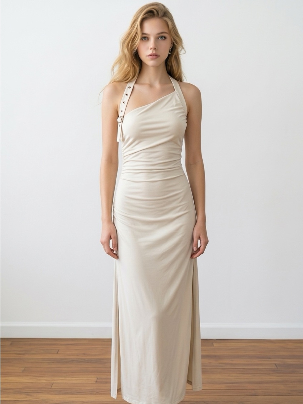 iris One-Shoulder White Maxi Dress with Grommet Strap